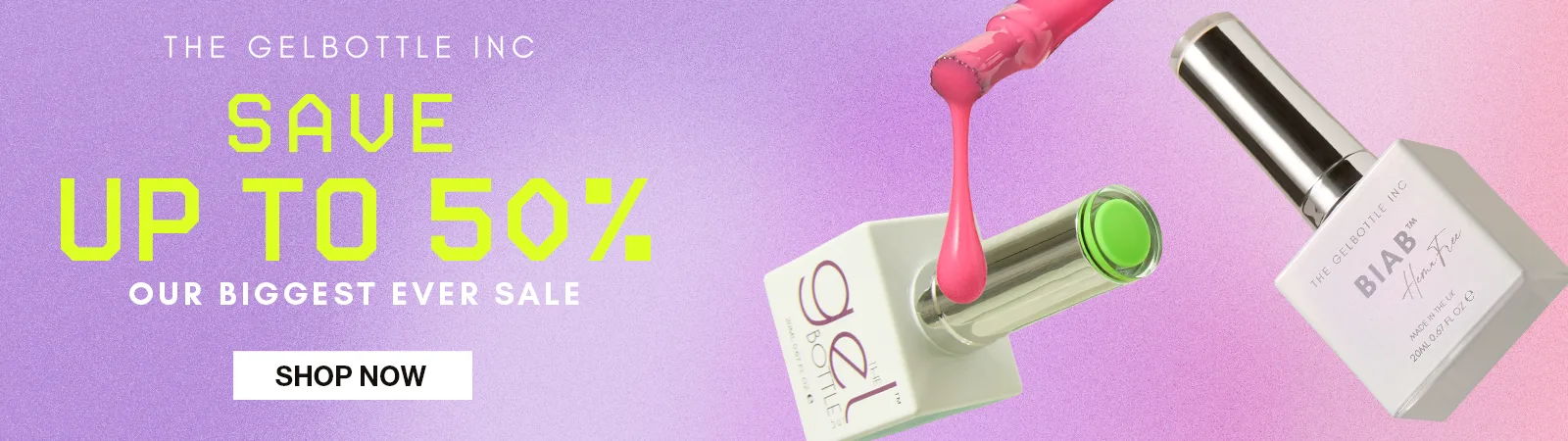 Nail polish bottles with promotional text about saving up to 50%.