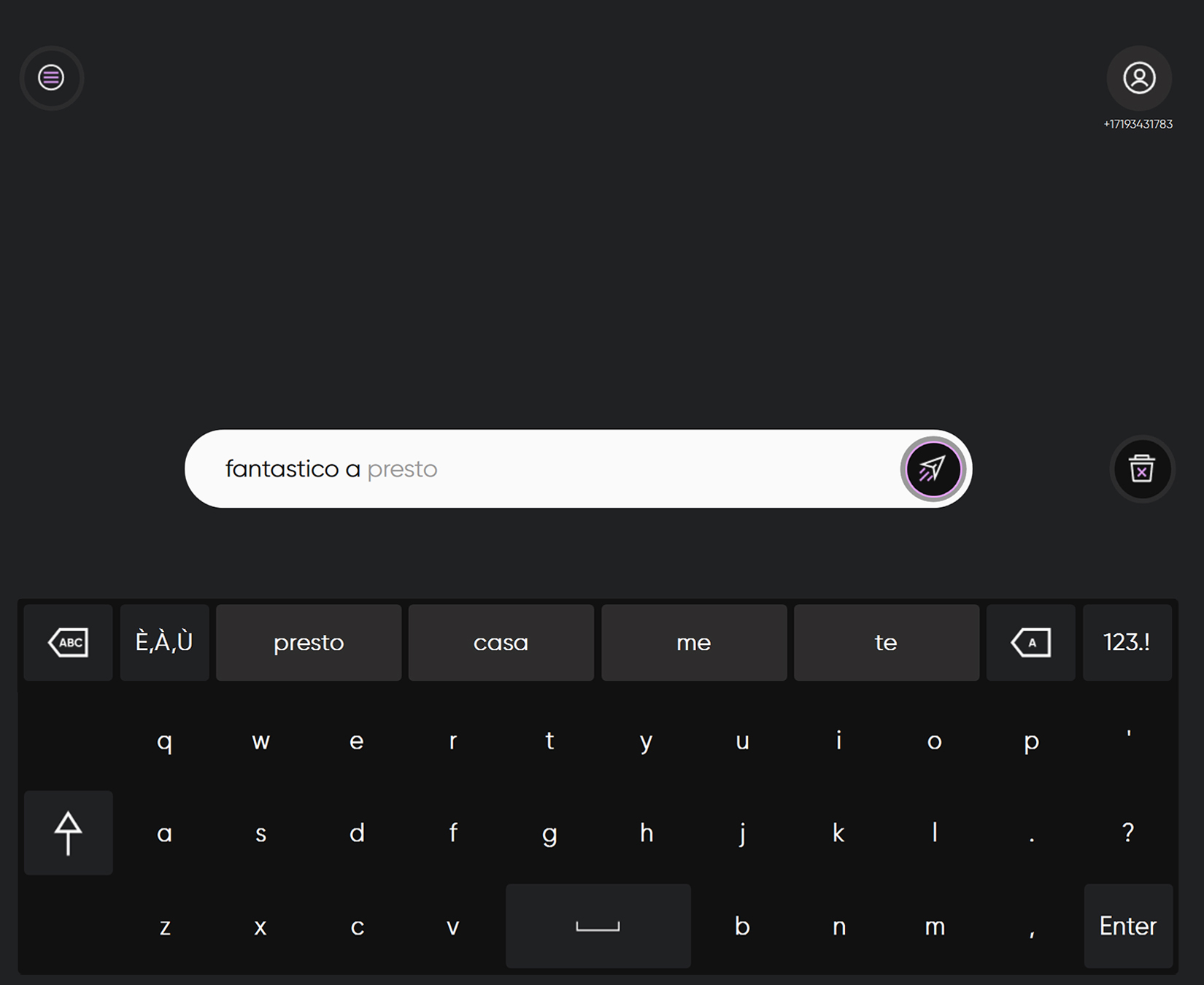 screenshot di TD Phone che dimostra la composizione di un messaggio di testo usando la digitazione predittiva per una frase