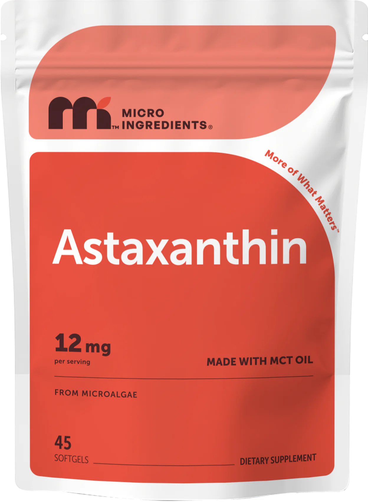 Astaxanthin dietary supplement package with dosage information and brand logo.