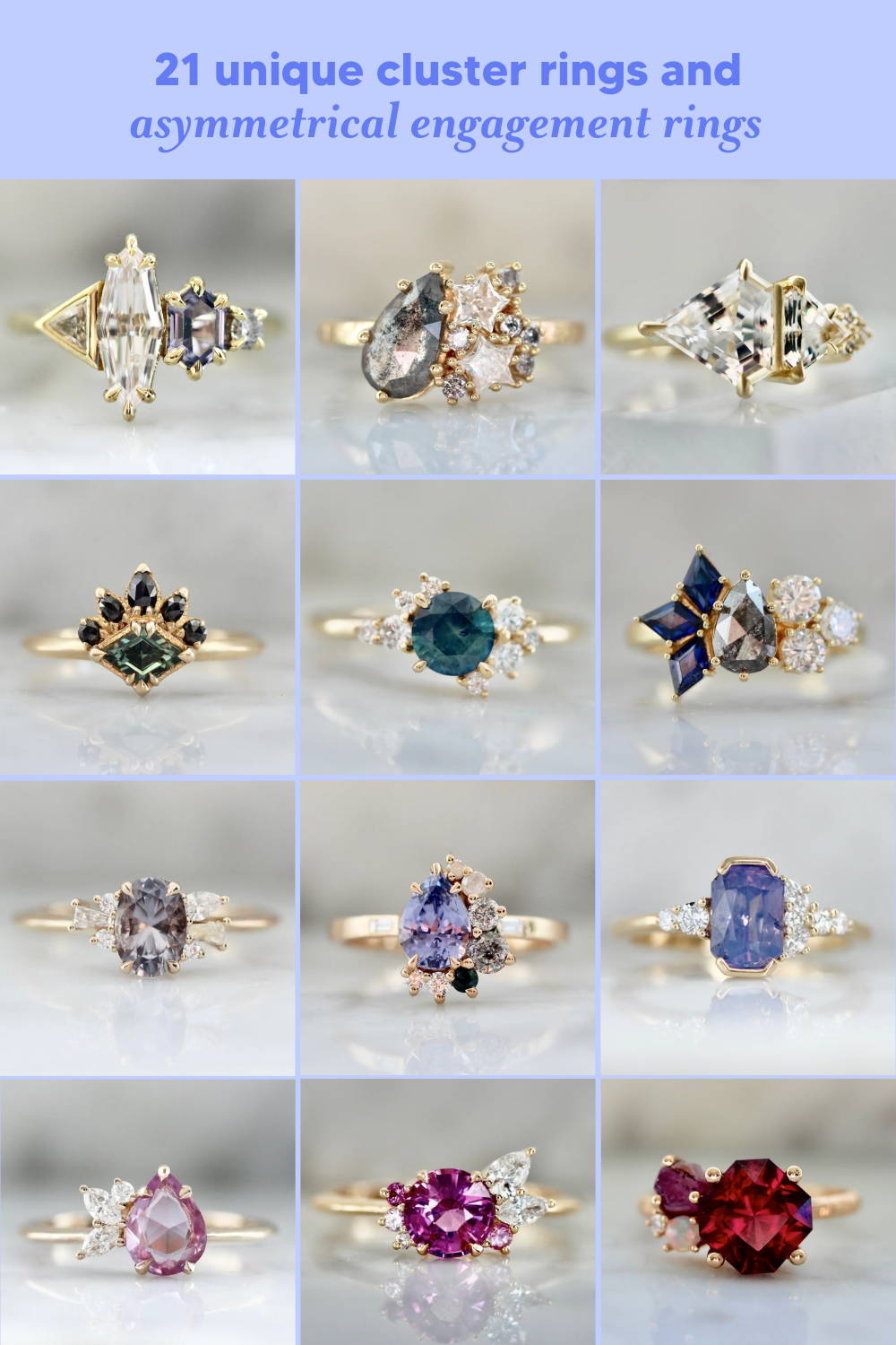 21 unique cluster rings and assymetrical engagement rings