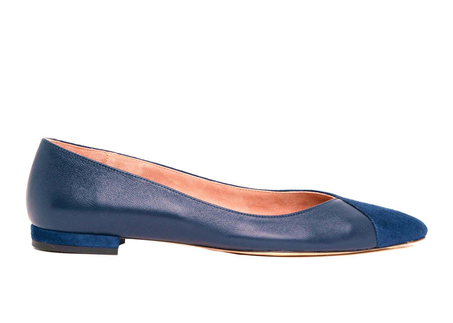 Navy blue ballet flats with a suede toe cap and a low heel.