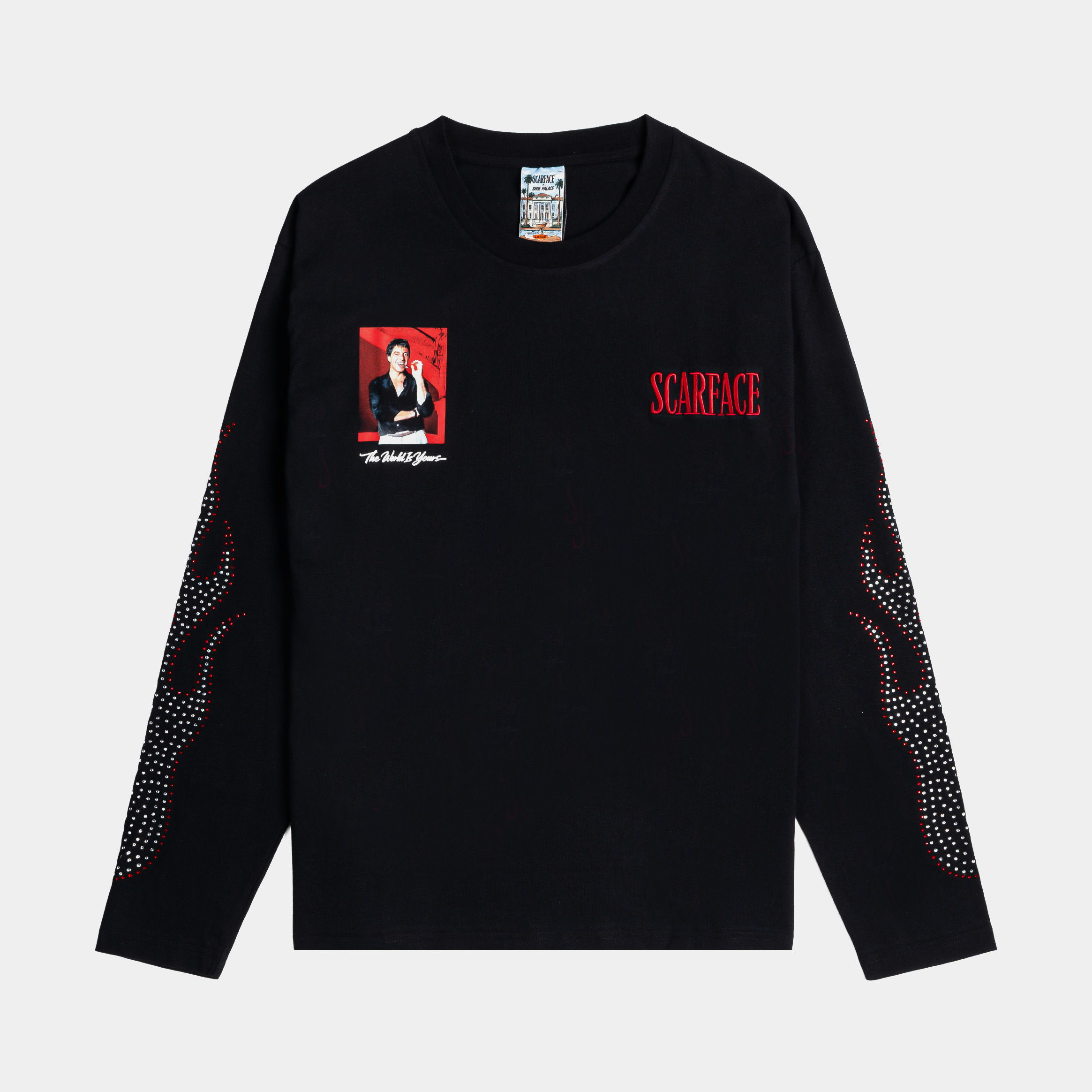Black long-sleeve shirt with graphic prints and red text.