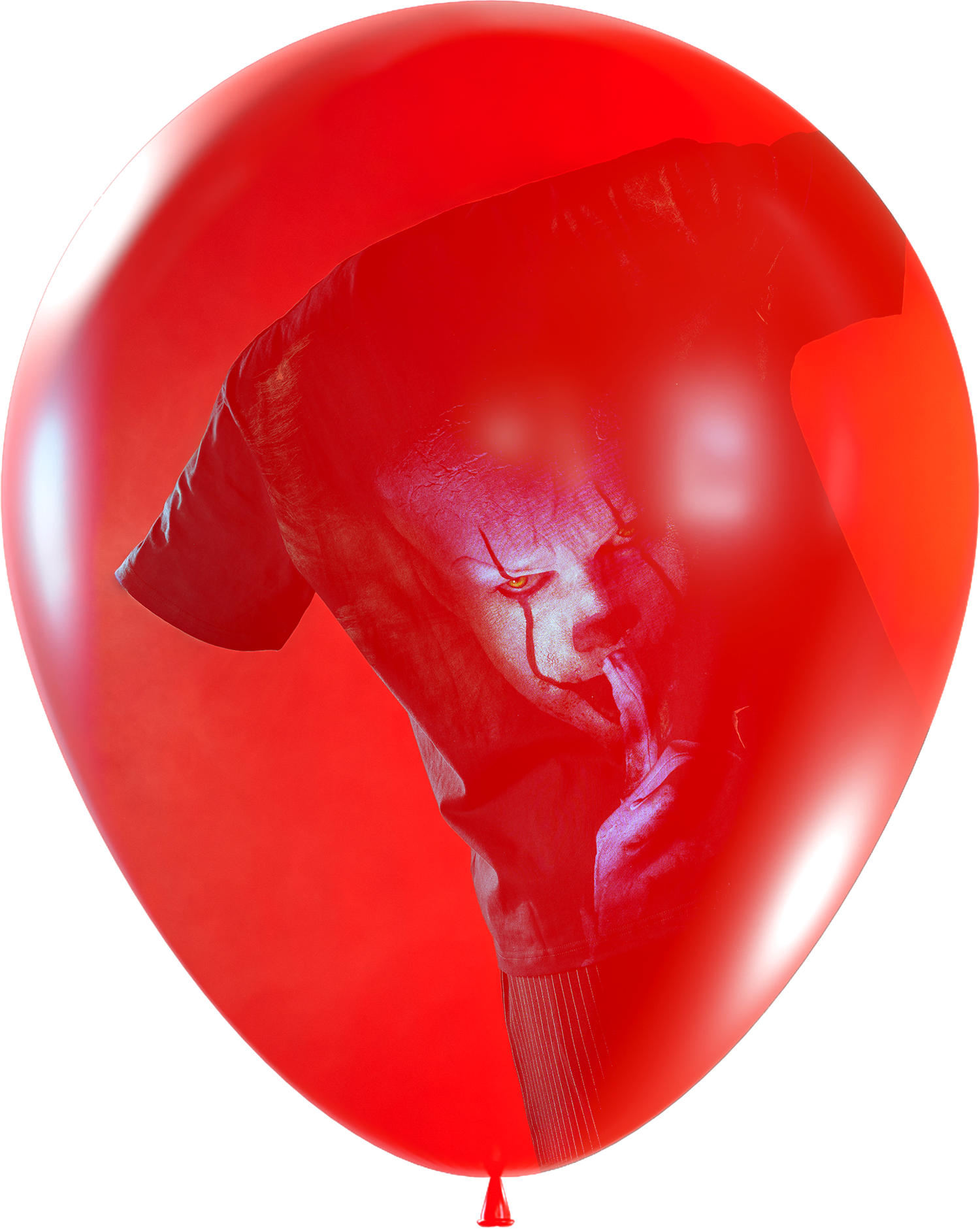 Red balloon with a shirt featuring a creepy clown design inside.