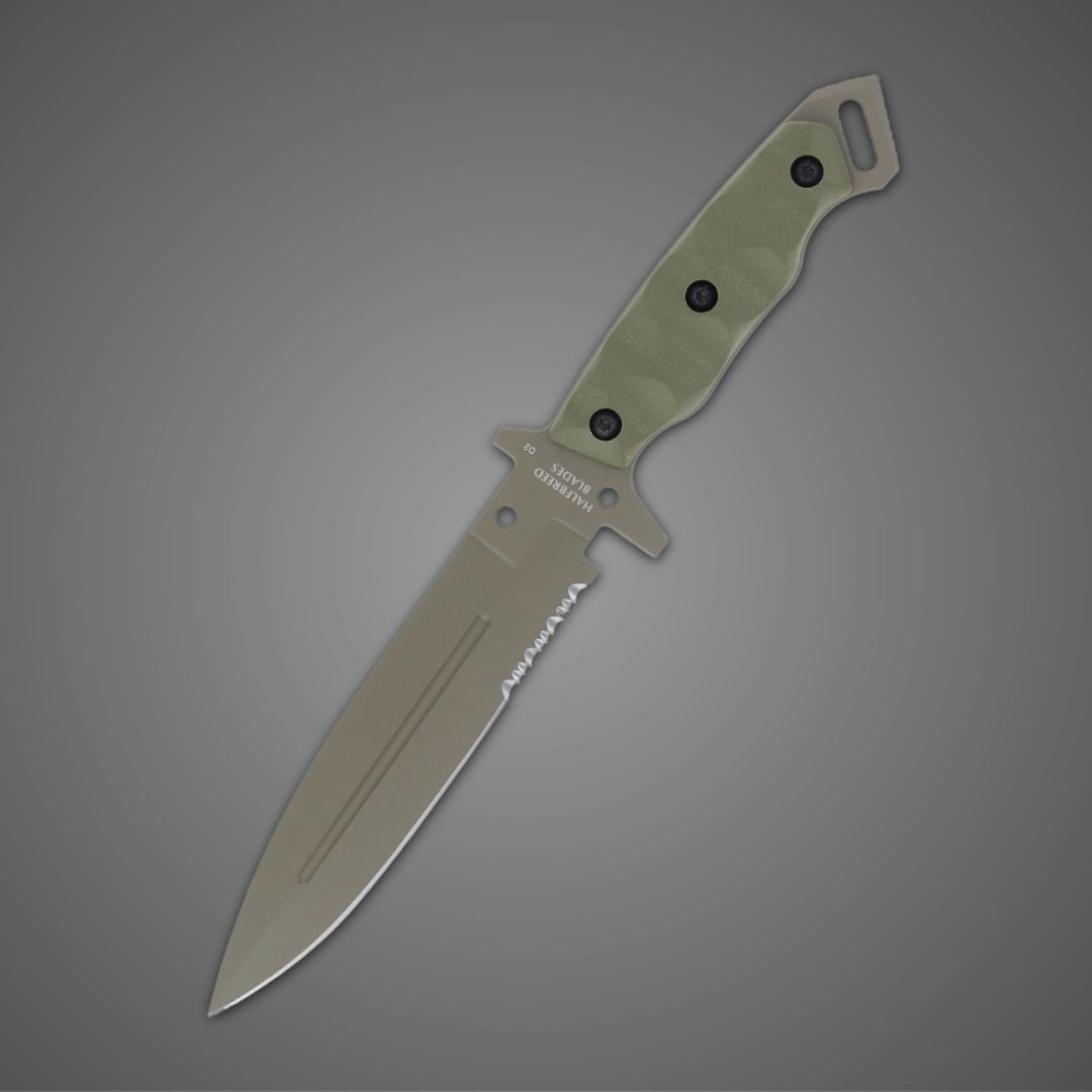A sharp knife with a green handle on a gray background.