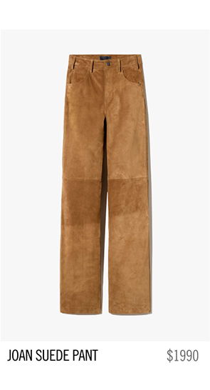 Brown suede pants displayed on a white background with price tag.
