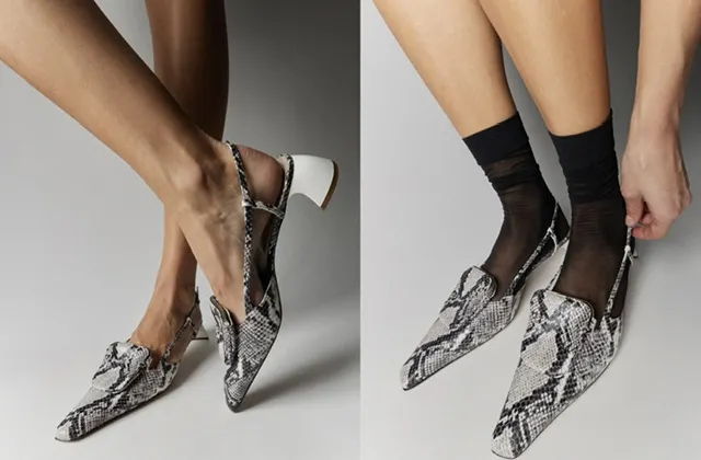 Two pairs of stylish snake print shoes worn with different outfits.