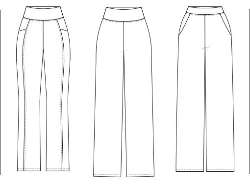 Three drawings of Miik's wide leg pants for comparison.