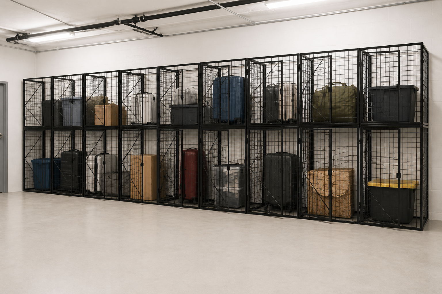 Storage cages filled with various suitcases and containers in a warehouse.