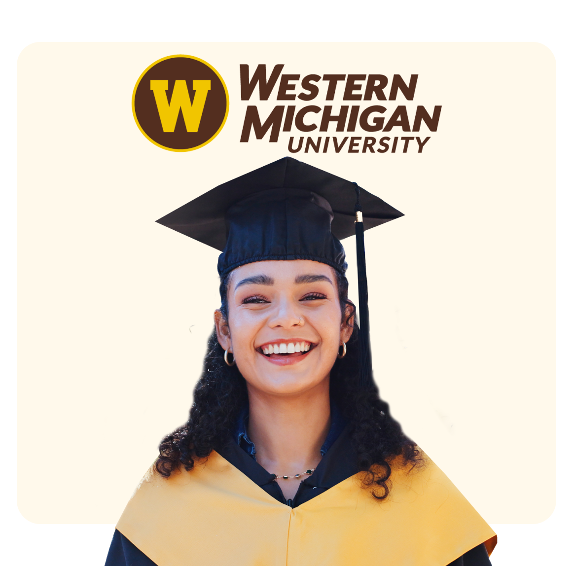 Graduating student smiling, wearing cap and gown, with Western Michigan University logo.