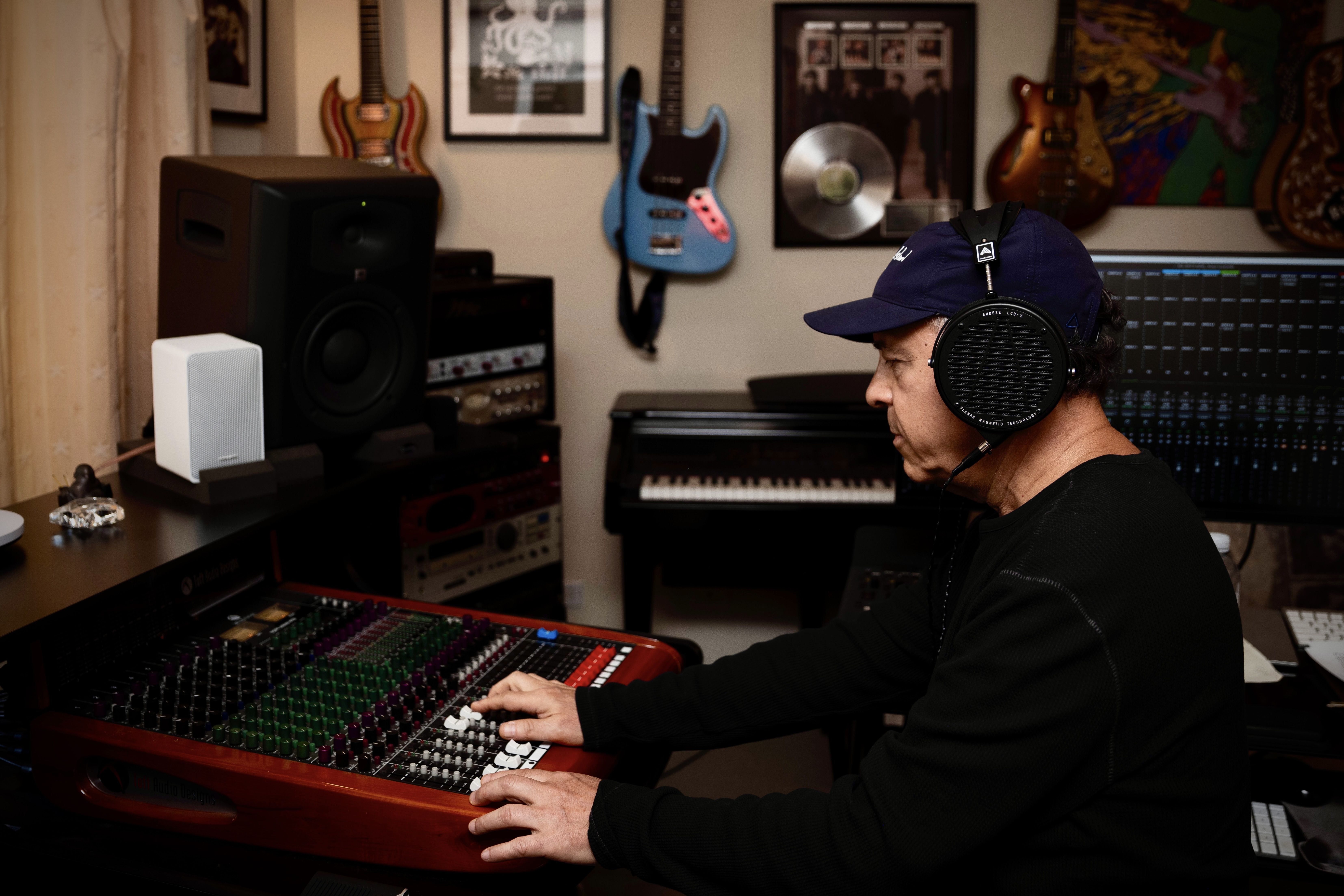 Bruce Sugar wearing Audeze LCD-X headphones in the studio 
