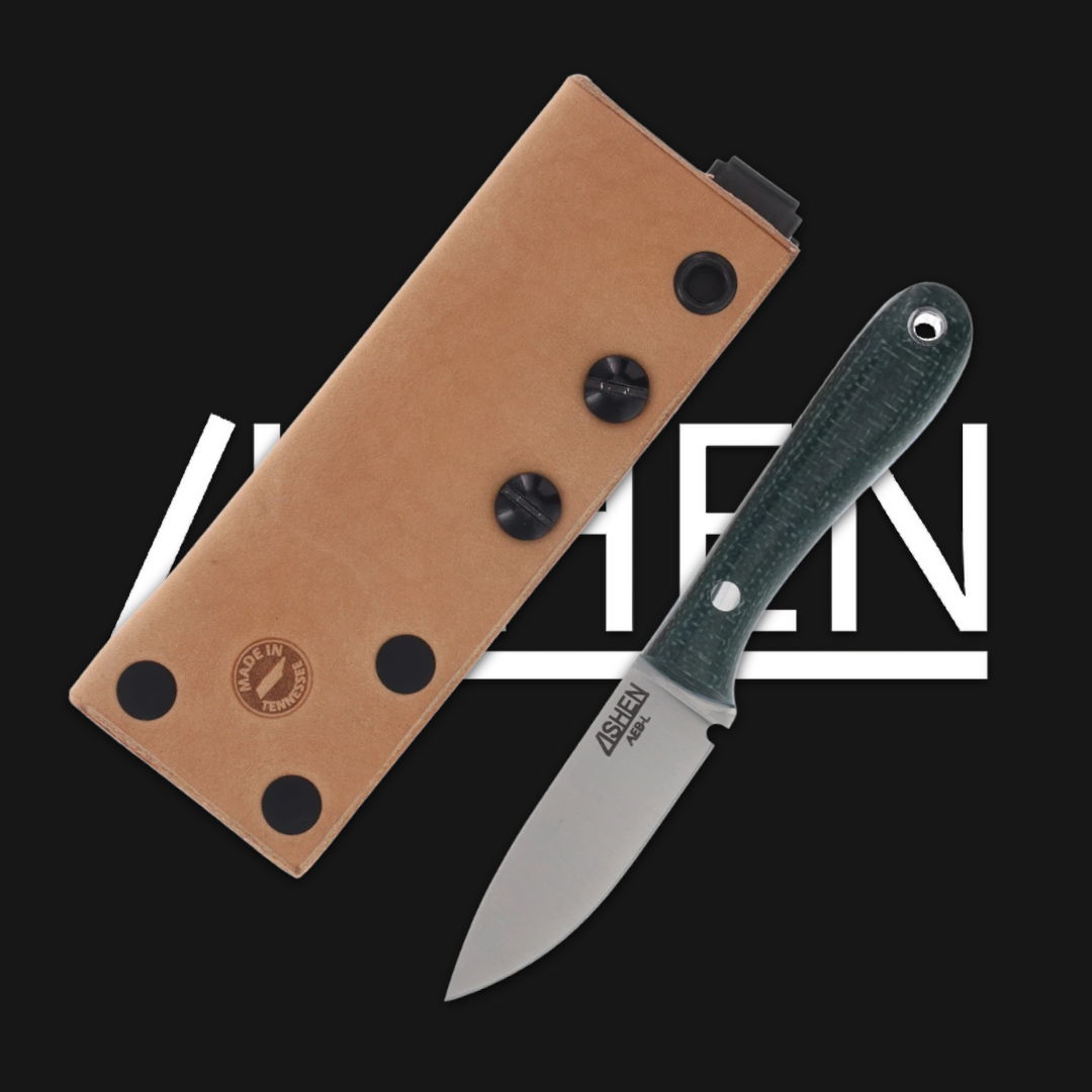 Knife with a leather sheath on a black background.