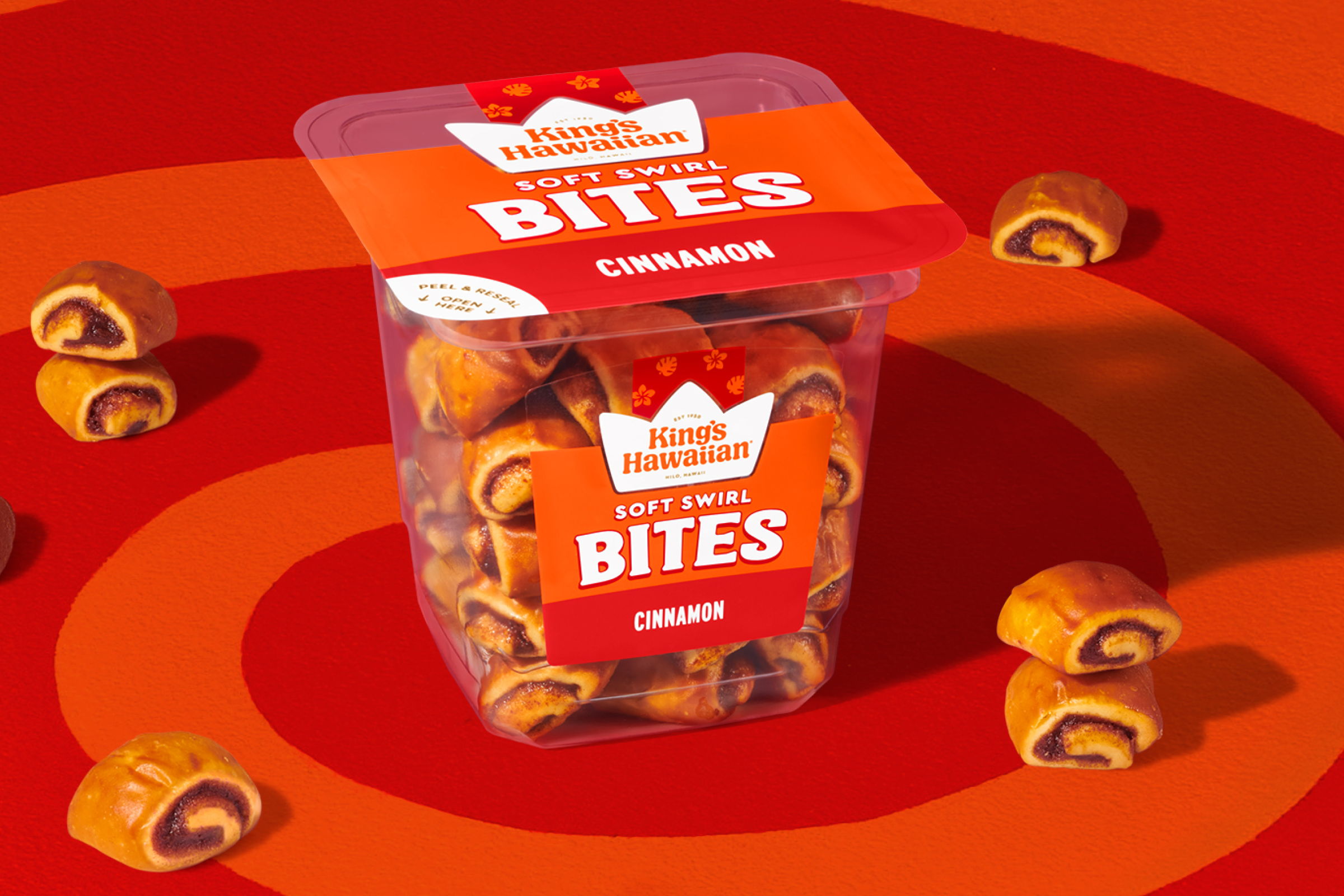 Container of sweet snack bites on a colorful background.