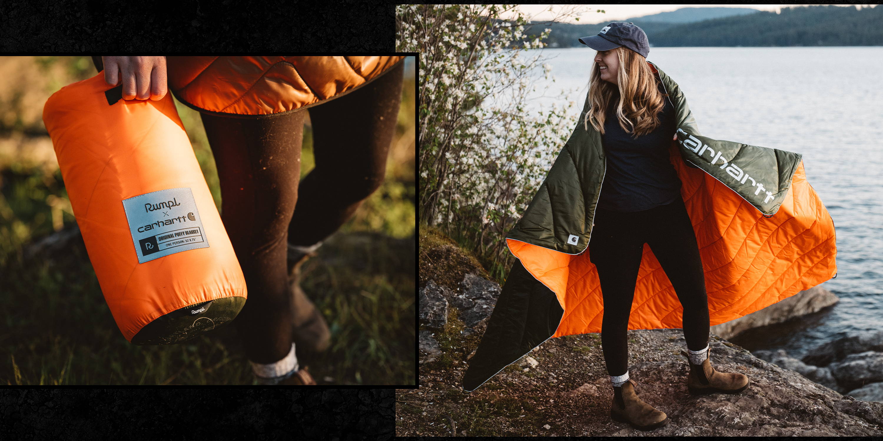 Woman wrapped in a Rumpl Carhartt blanket by the river