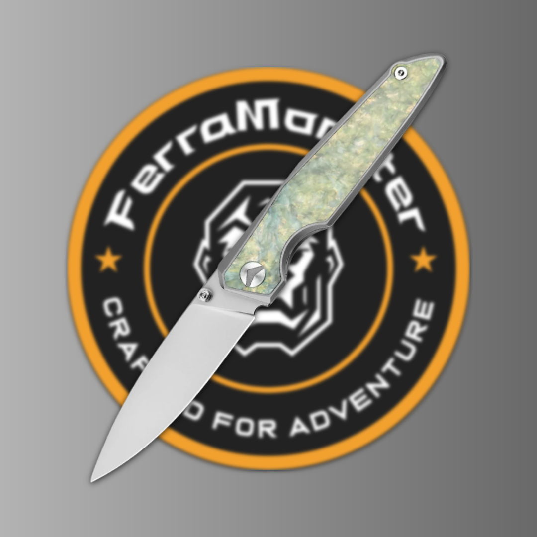 A knife with a decorative handle and a logo background.