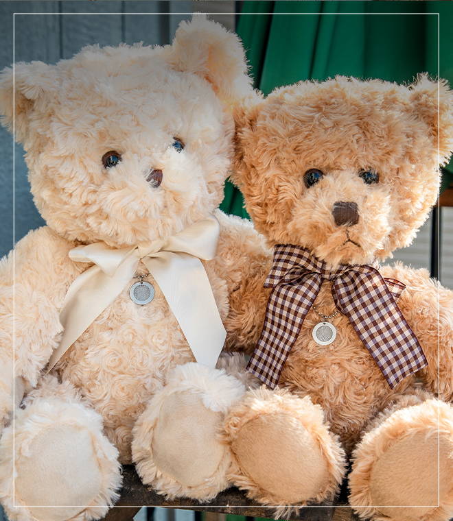 Two Custom Teddy Bears Wearing Fingerprint Necklace Memorials