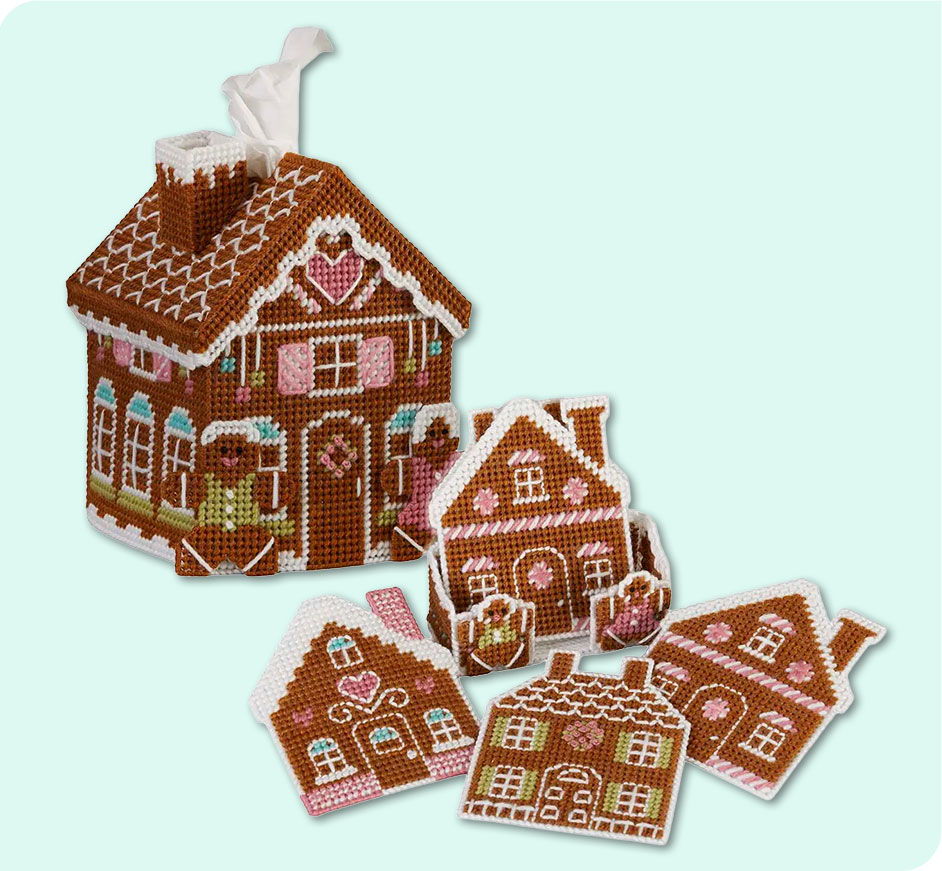 Gingerbread house plastic canvas tissue box and coaster set.