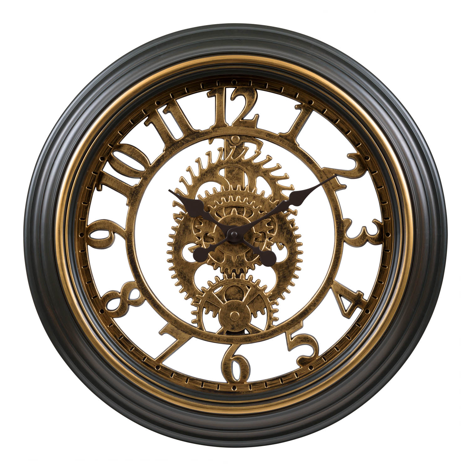 A Gears Clock hanging above a shelf with books, mugs, and cacti.