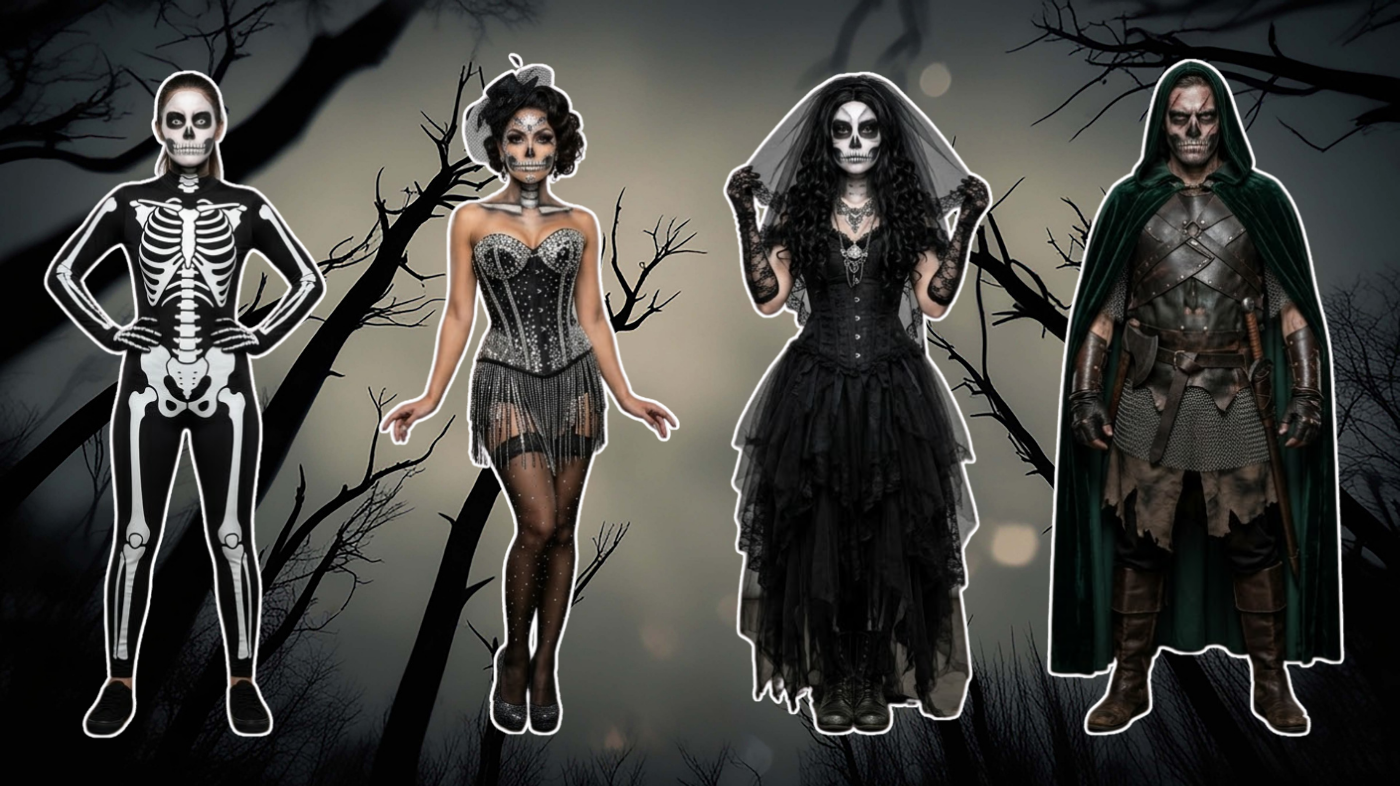 Skeleton cosplayers with different aesthetics featuring gothic, glam, and classic skull makeup looks