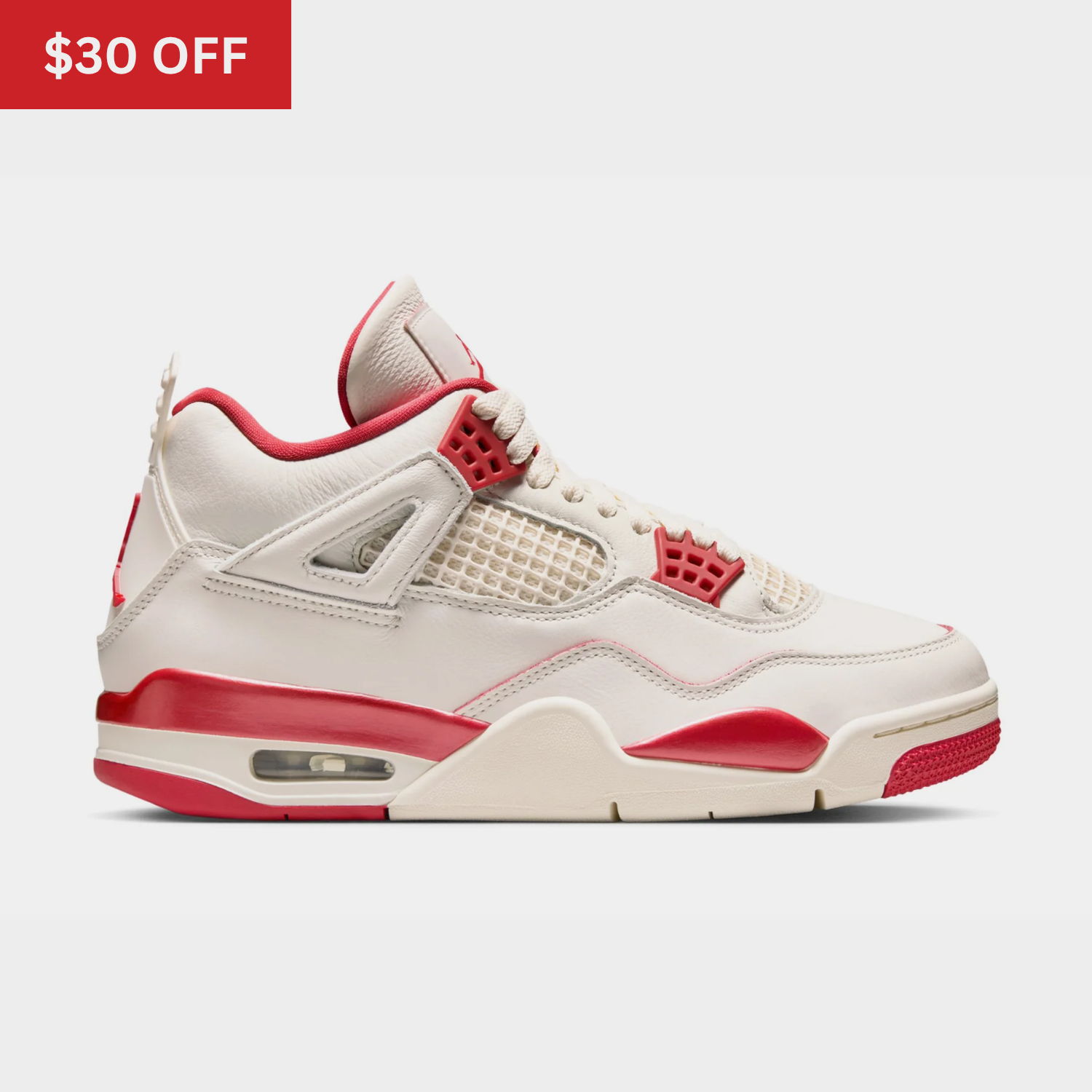 White and red sneaker with a $30 discount label.