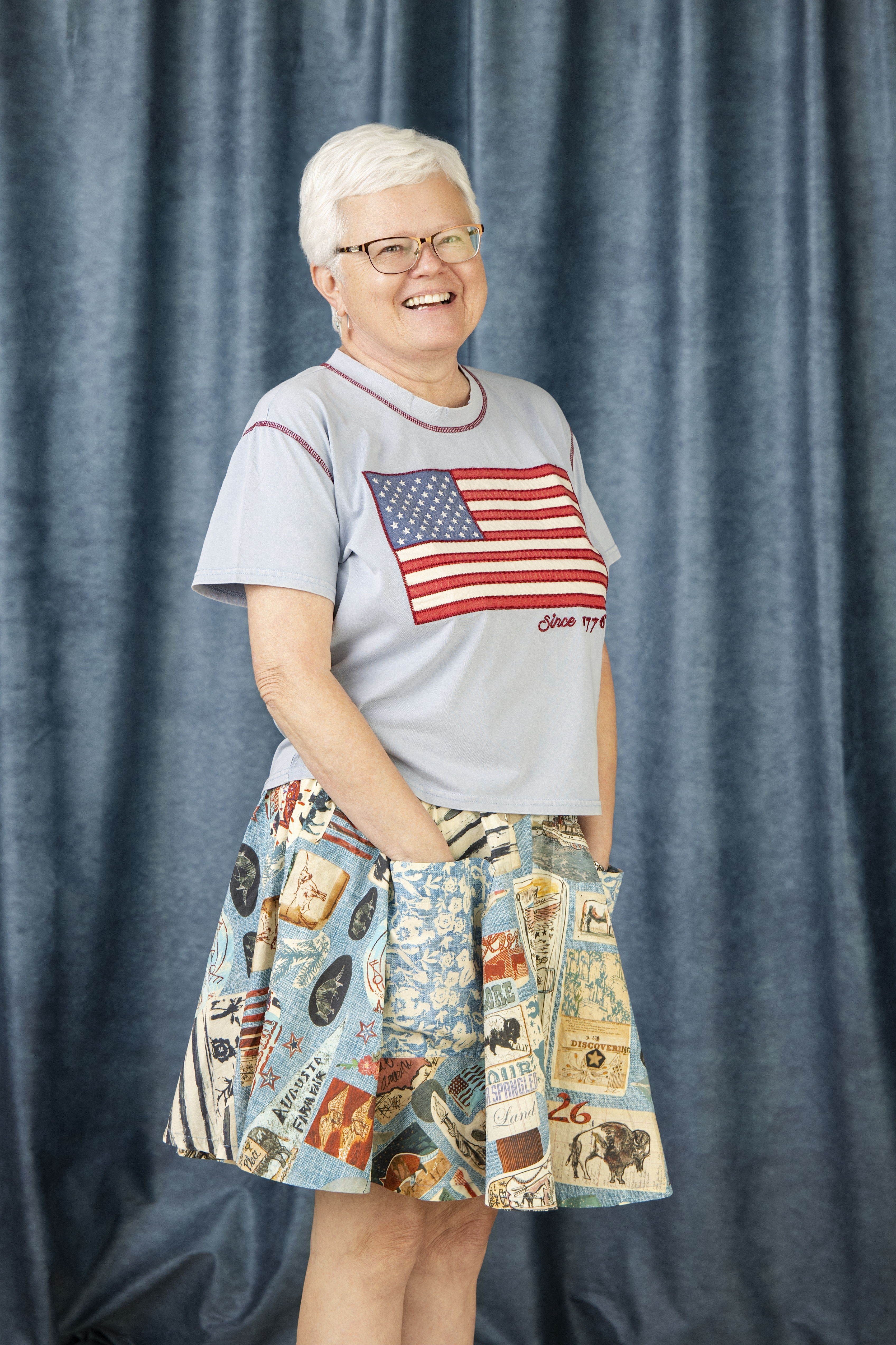 Vickie, wearing the Voices of Liberty tee with the Sea to Shining Sea Skirt.
