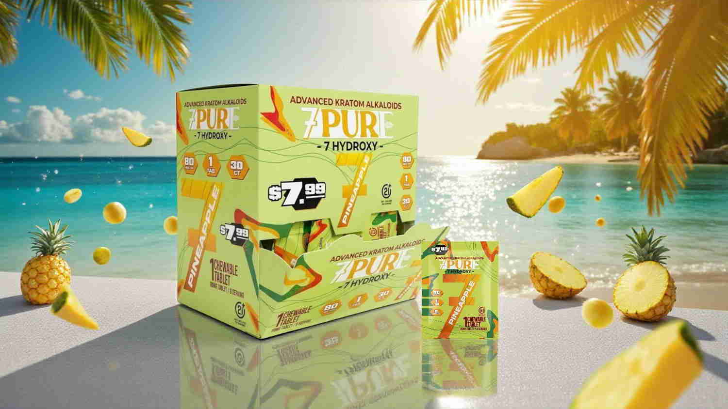 Colorful packaging near a beach with pineapples and tropical scenery.