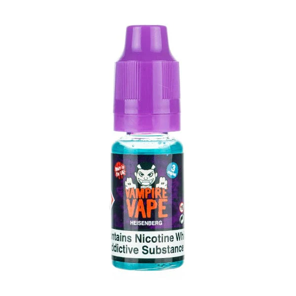 Bottle of Vampire Vape e-liquid with purple cap and warning label.