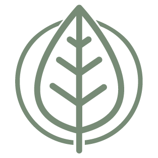A simple green leaf logo within a circular outline.