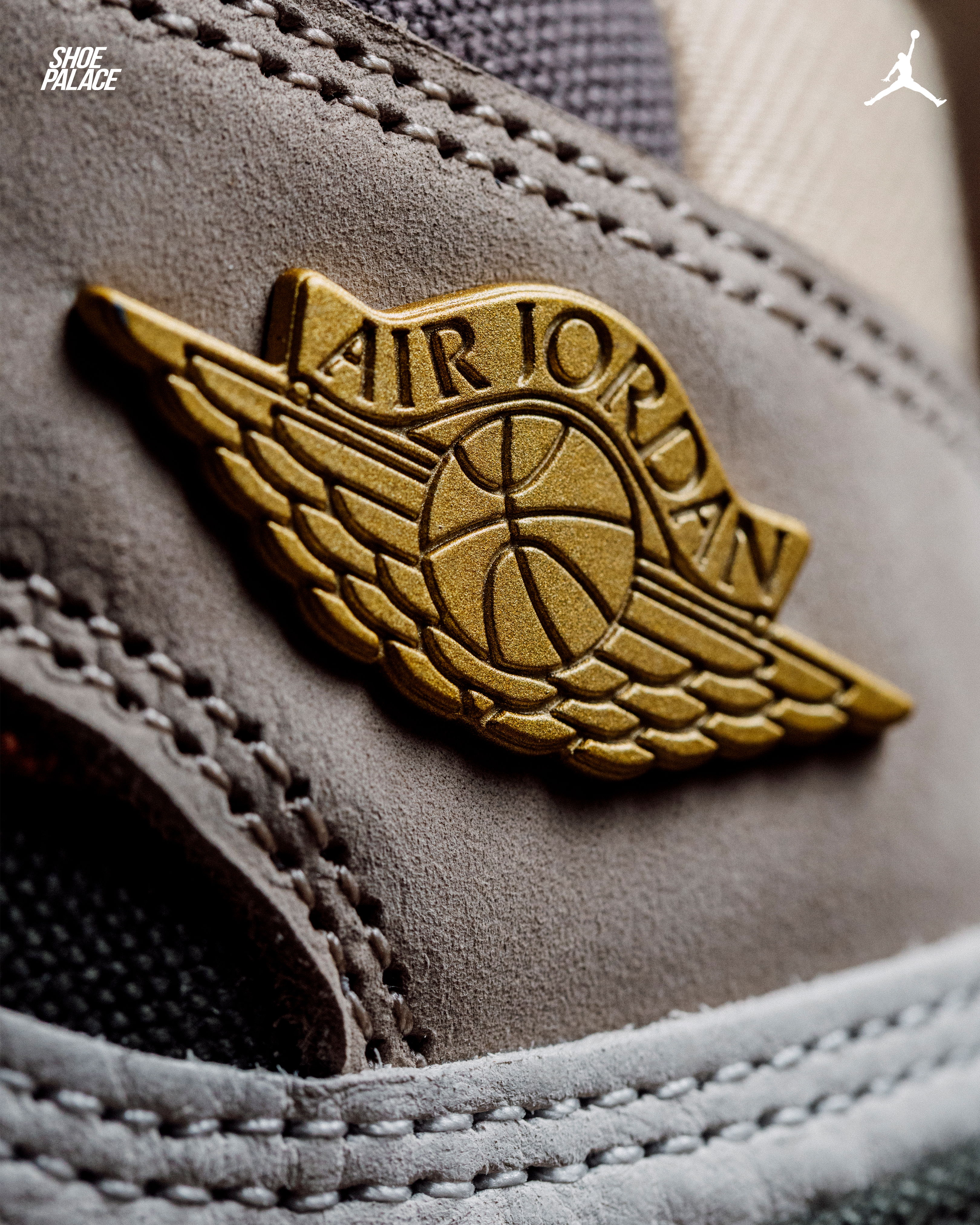Close-up of an Air Jordan logo on a sneaker.