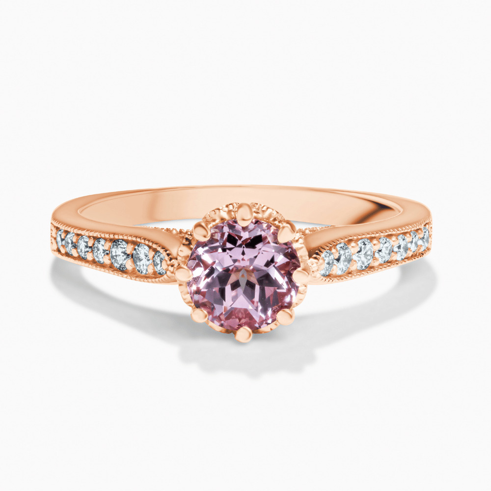 vintage style royal inspired diamond accented rose gold engagement ring with pink diamond center stone