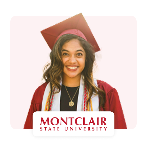 Smiling graduate wearing a cap and gown from Montclair State University.