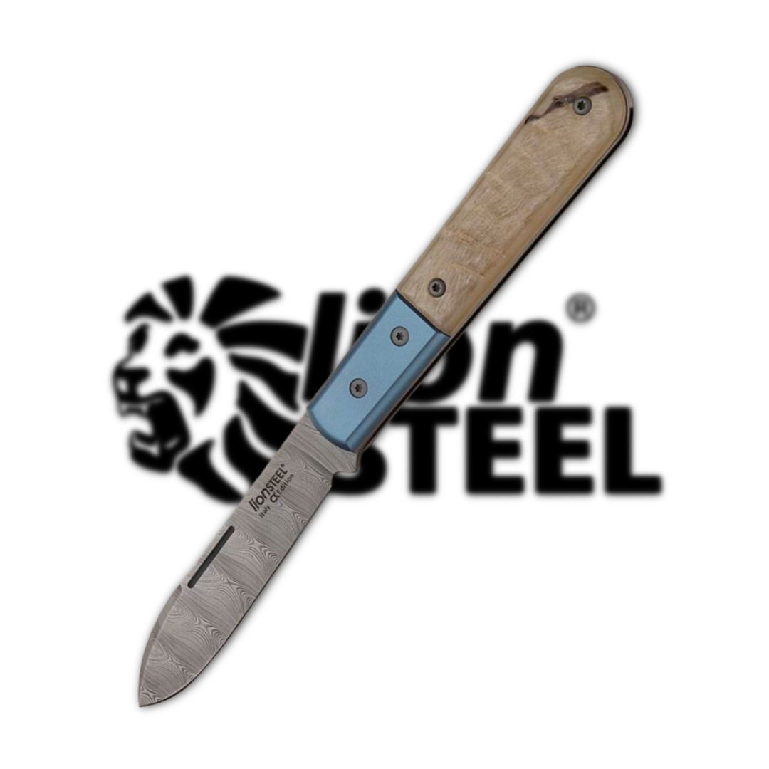 Folding knife with wooden handle and LionSteel logo in the background.