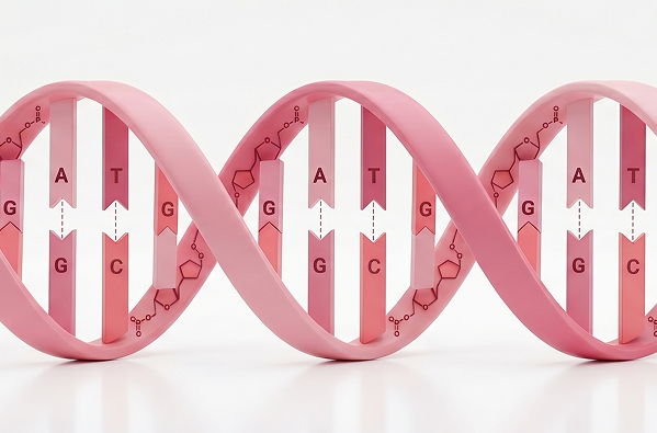 DNA double helix model in pink with genetic sequence letters.