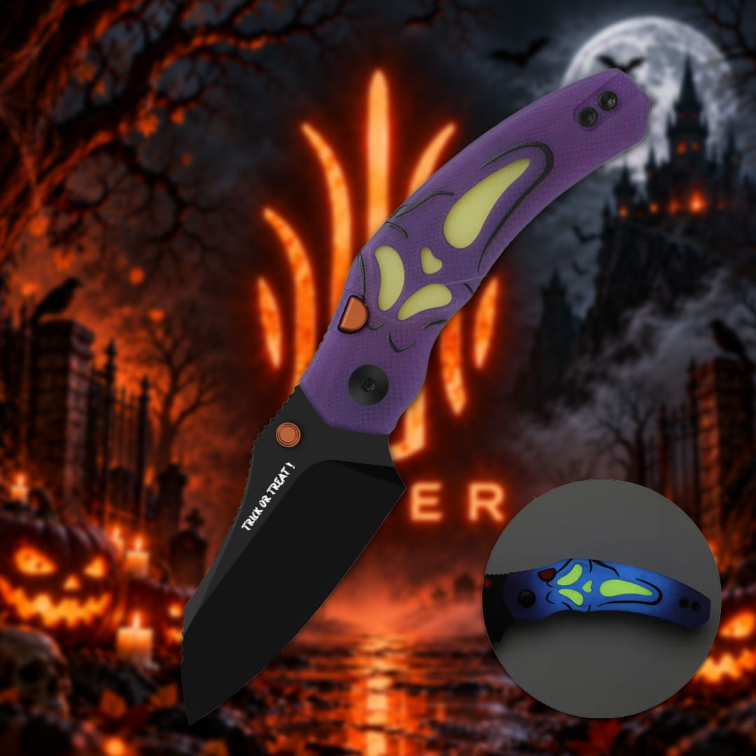 A purple folding knife on a spooky Halloween-themed background.
