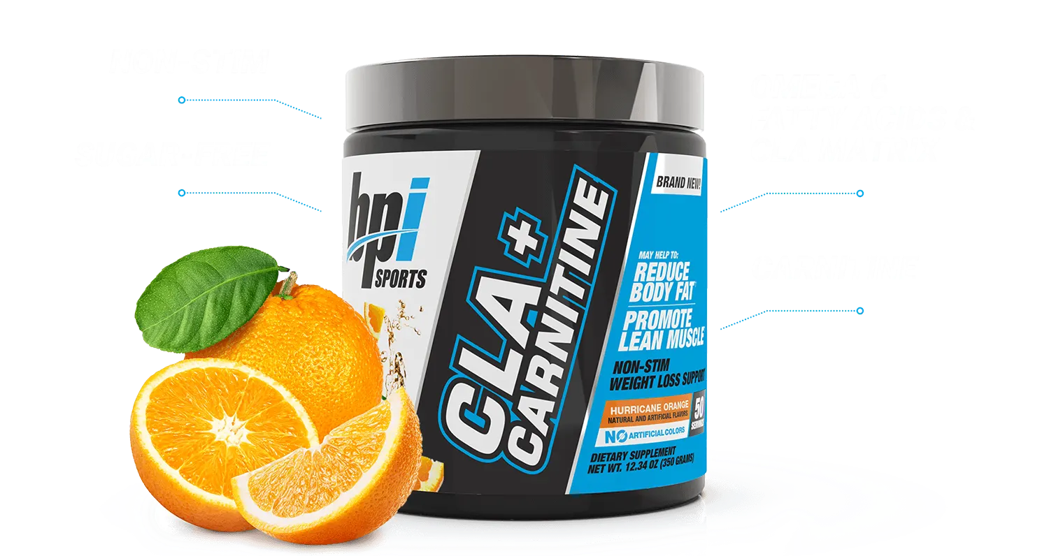Container of CLA+ carnitine with benfits and an orange