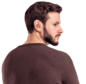 Man in a brown sweater, viewed from the back, arms crossed.