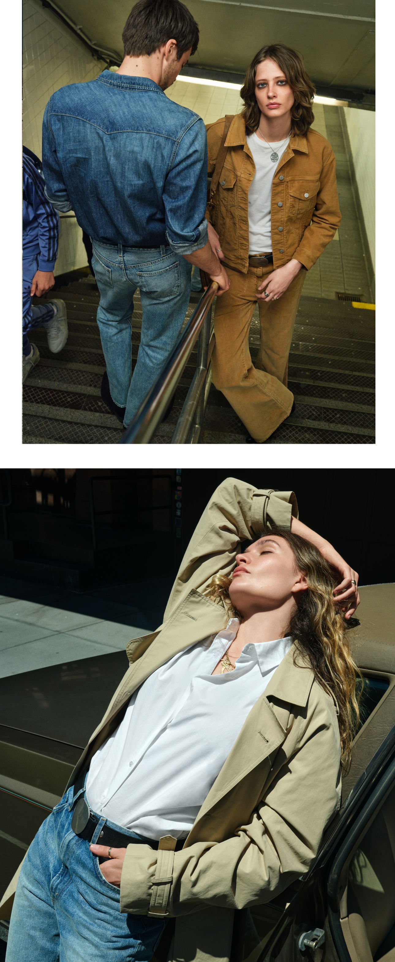 Models wearing stylish outfits in urban settings, posing confidently.