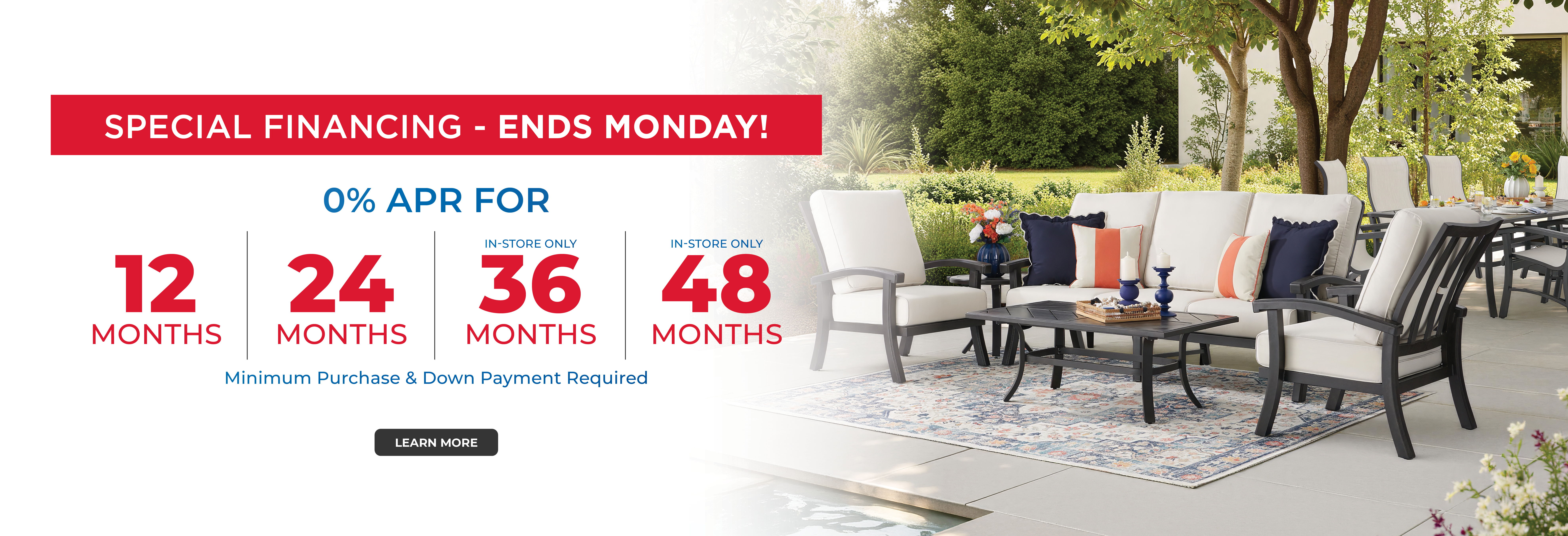 Outdoor furniture sale promotion with financing options.