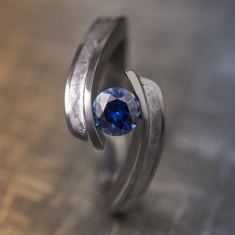 Sapphire Engagement Ring with Meteorite