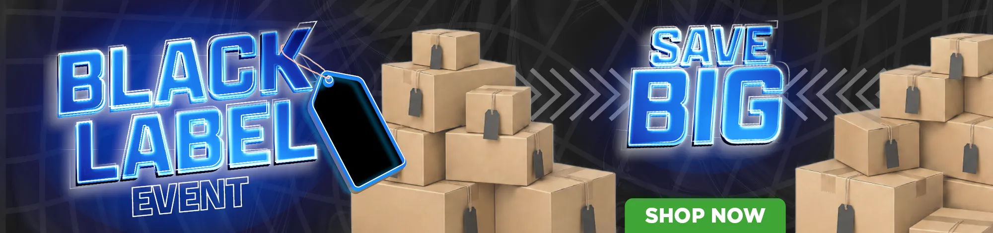 Promotional banner for Black Label products with stacked boxes and 