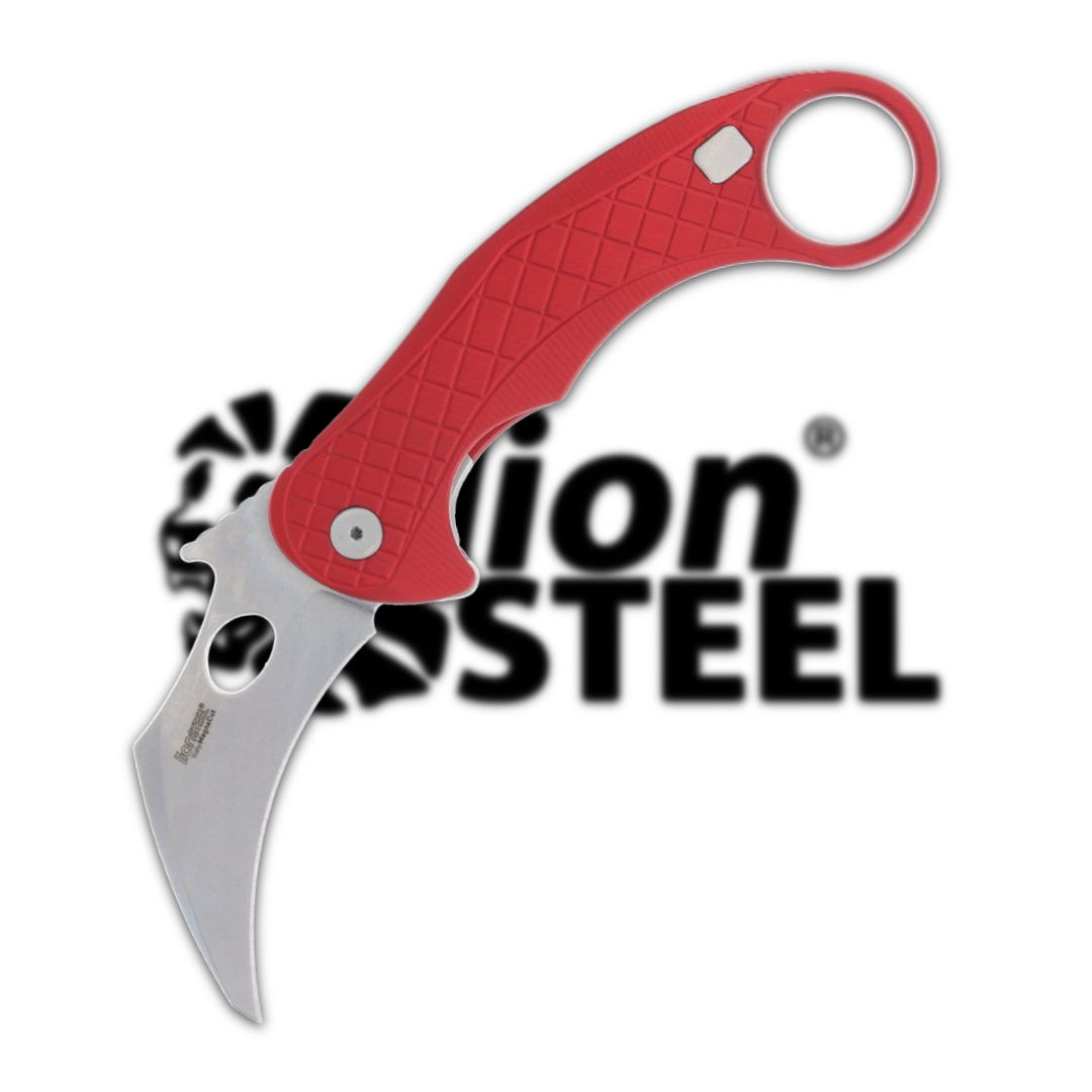 Red folding knife with curved blade and logo in background.
