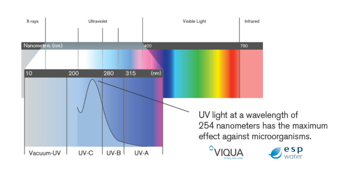 A luz UV de 254 nanômetros tem o maior efeito contra microorganismos