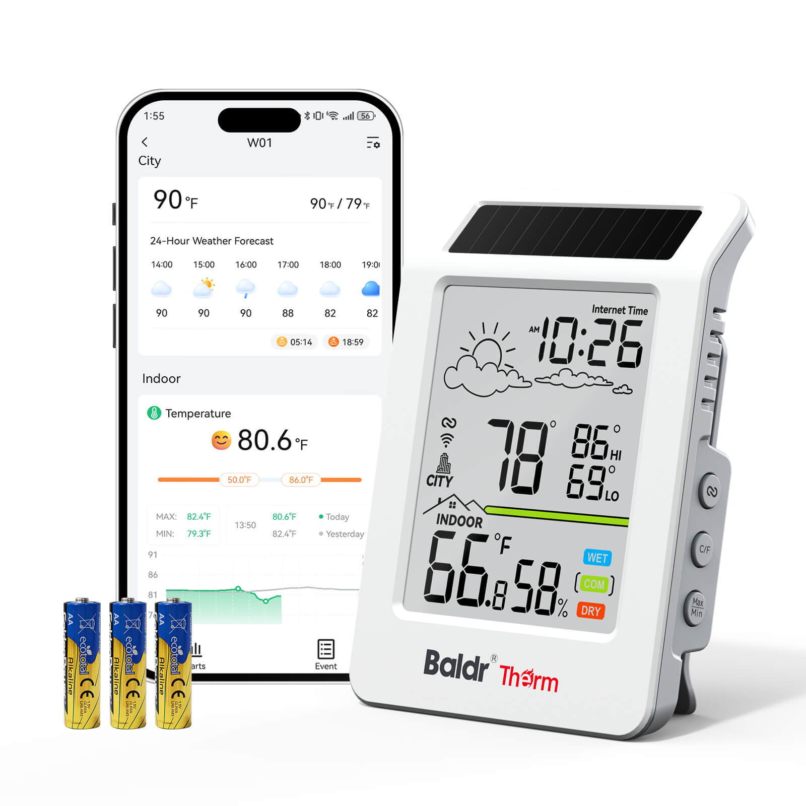 Weather station display next to smartphone and batteries.