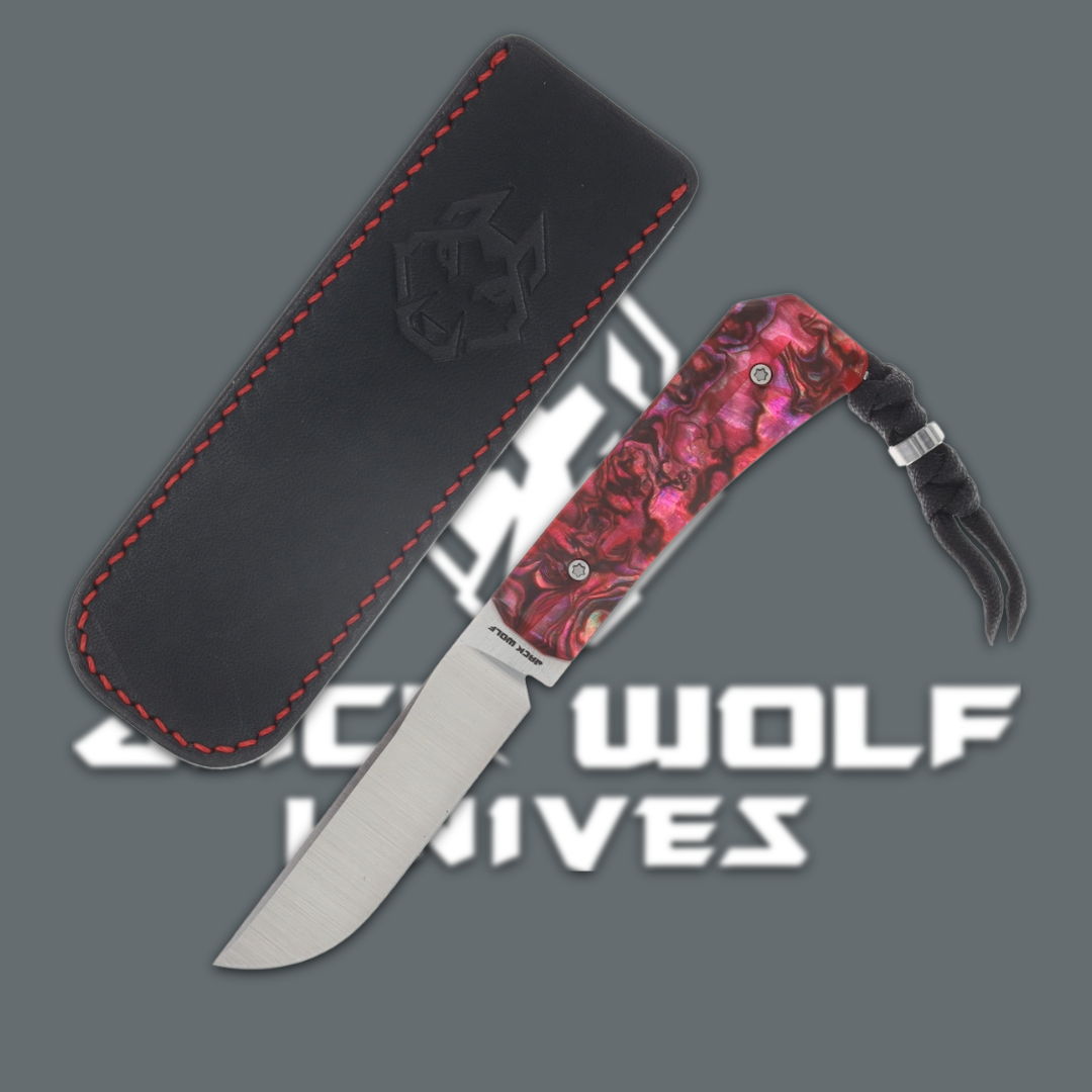 A folding knife with a floral handle and a leather sheath.
