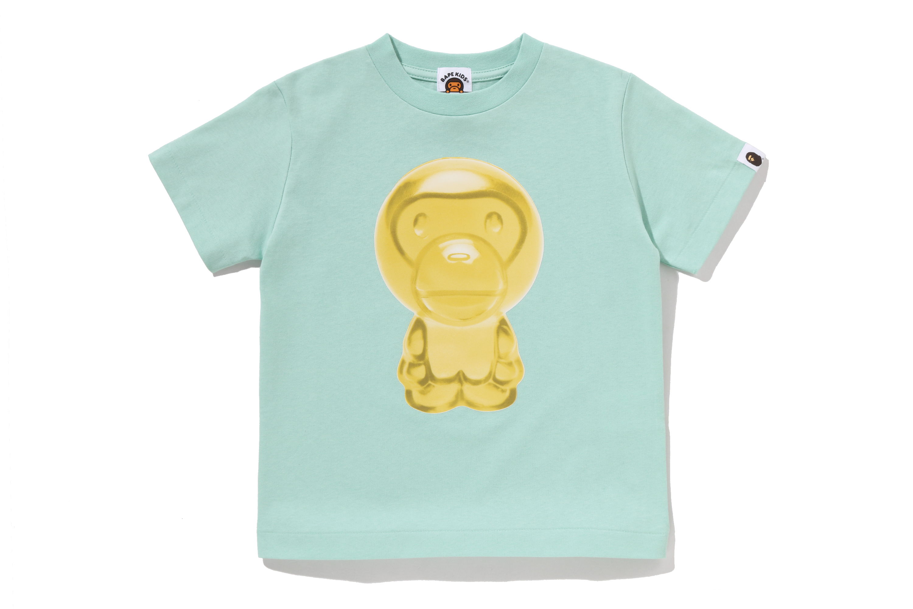 A light blue t-shirt featuring a gold astronaut graphic design.