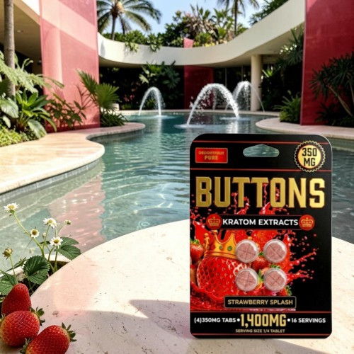 Kratom extract product package by a pool with fountains and tropical plants.