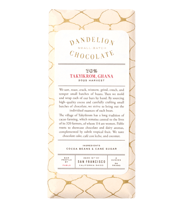 Dandelion Chocolate bar packaging with description and details about the chocolate.