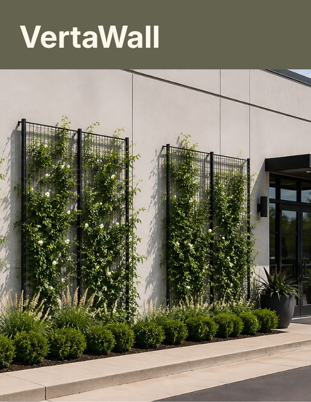 Verta Wall guide showcasing vertical garden installation on trellies in a planter on a modern building exterior.