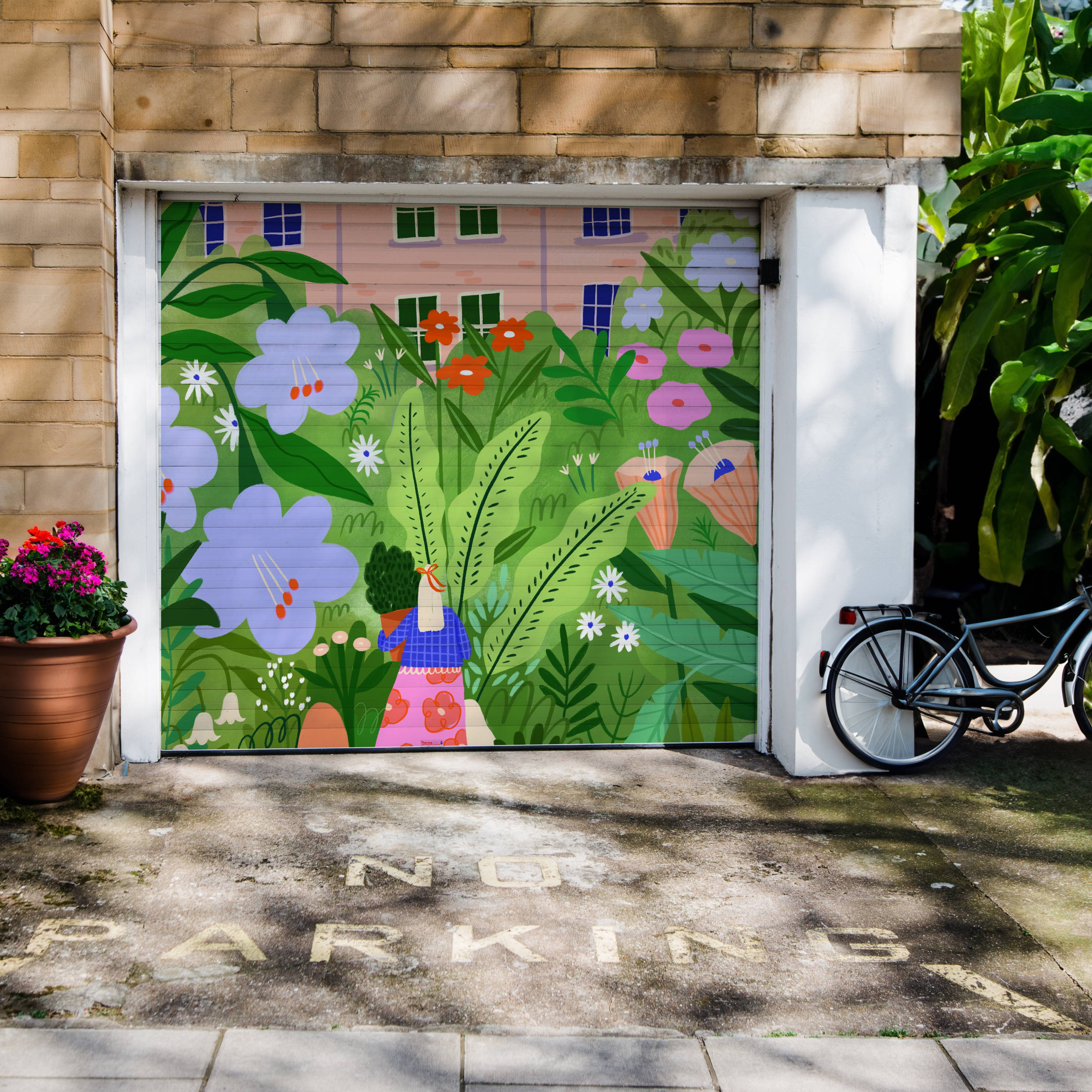 Floral Mural on garage door, with plants and bike