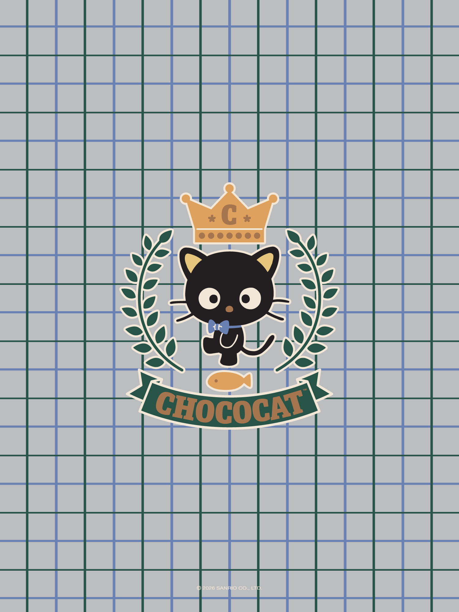 A cartoon black cat with a crown, surrounded by laurel leaves and text 