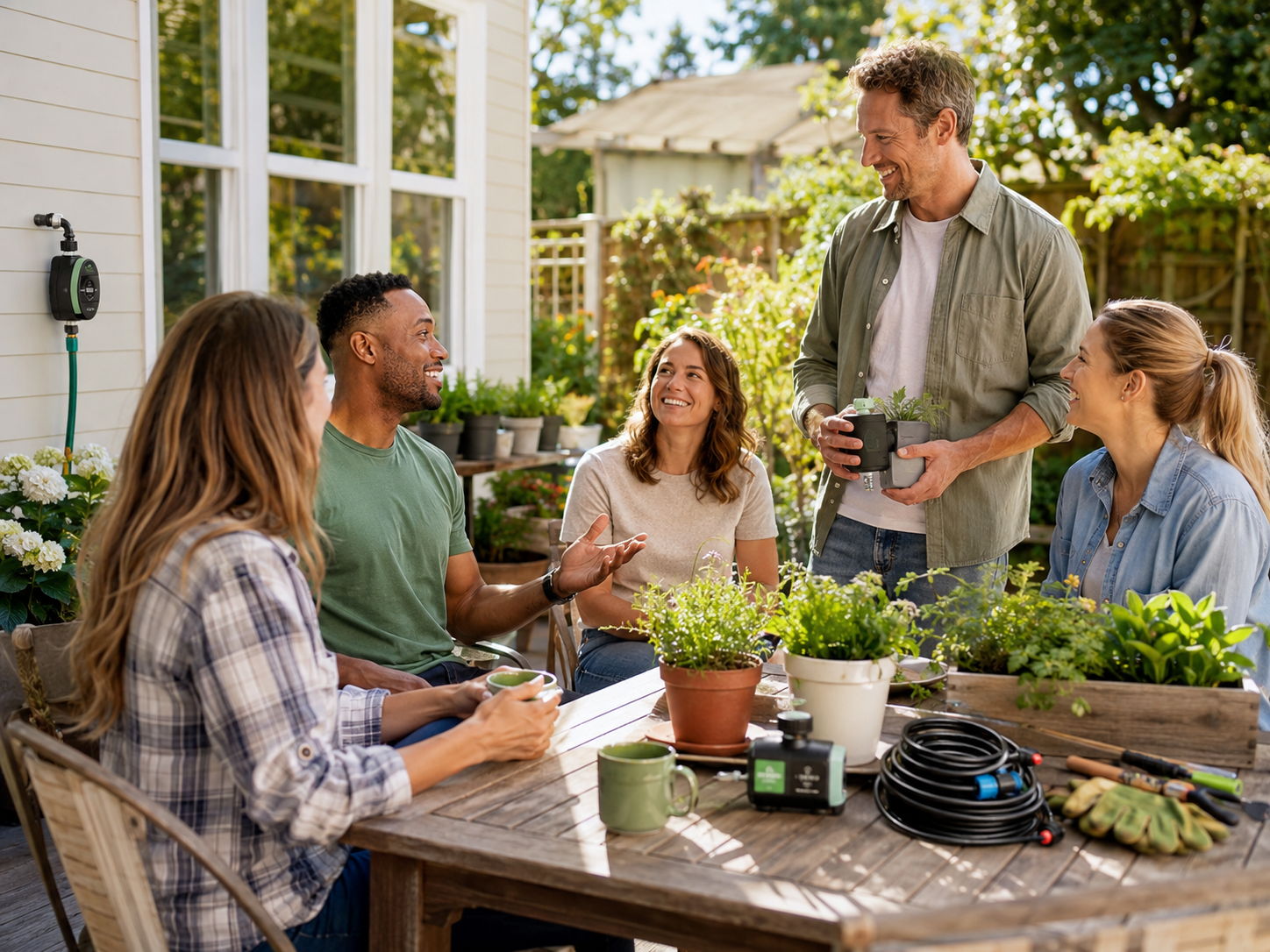 Group of people enjoying gardening together around a table.